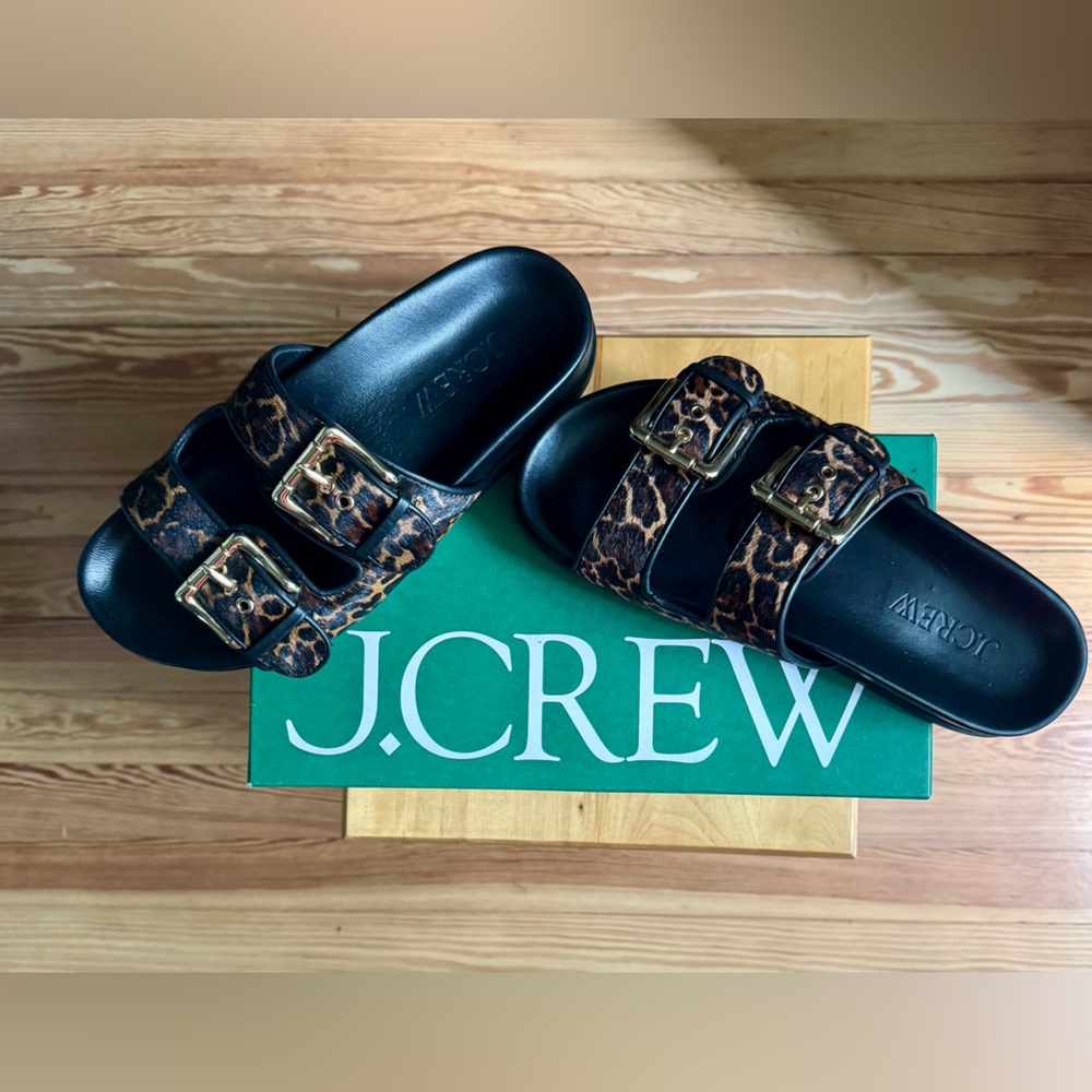 J. Crew New Colbie Wide Strap Gold Buckle Sandals in leopard print calf hair - Picture 2 of 8